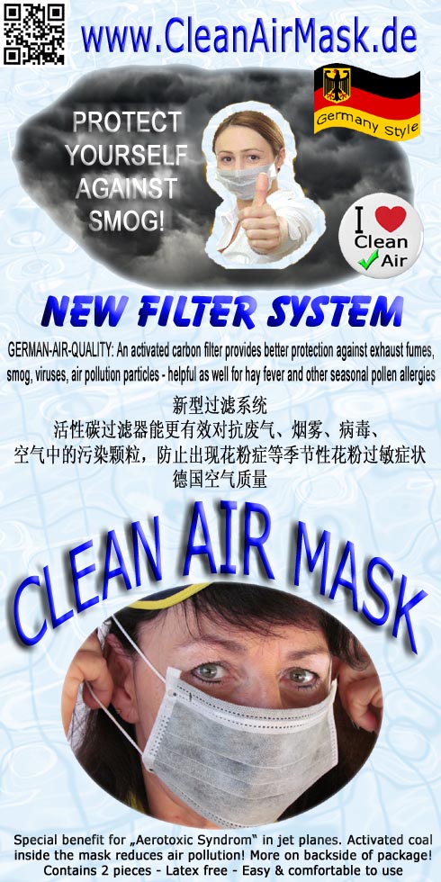 Product information for CleanAirMask against Aerotoxic syndrome Filter Respirator Atemschutzfilter Atemluftfilter Atemschutzmaske, breath protection filter mask - www.CleanAirMask.de